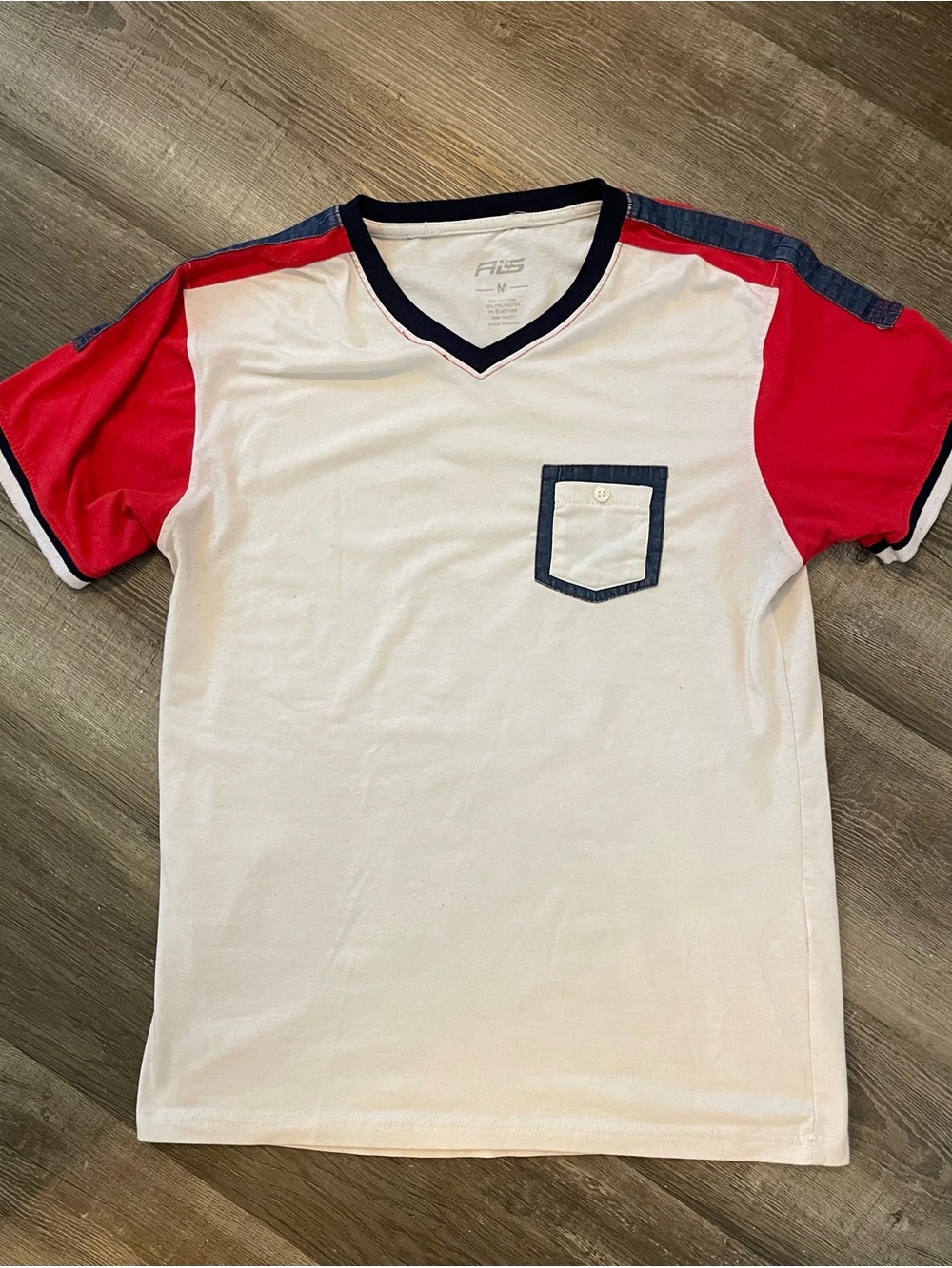Unique Casual White & Red Short-Sleeve Pocket Tee with denim shoulder accents